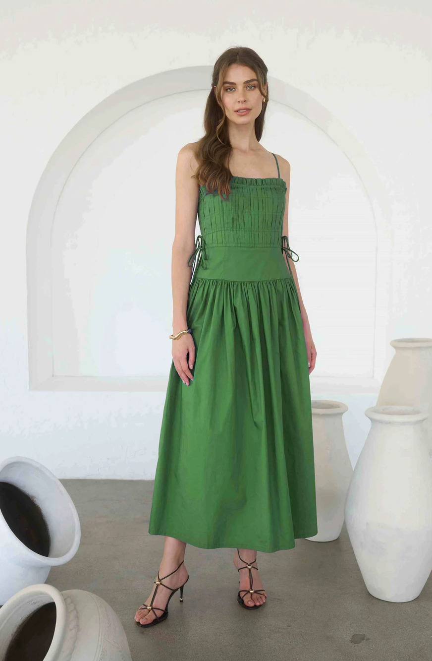Moon River Spaghetti Side Tie Strap Detail Pleated Midi Dress
